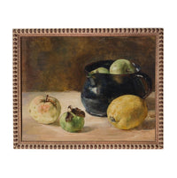 The image is a still life painting featuring a black pot with green apples and a yellow fruit, such as a lemon or a pear, placed on a table.