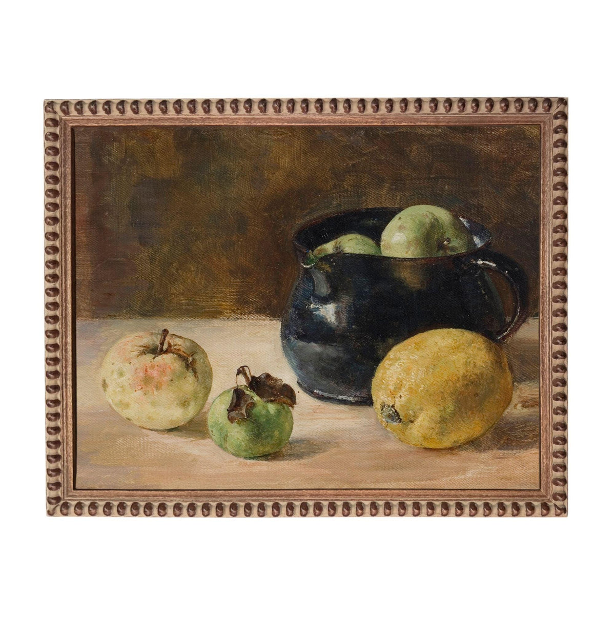 The image is a still life painting featuring a black pot with green apples and a yellow fruit, such as a lemon or a pear, placed on a table.