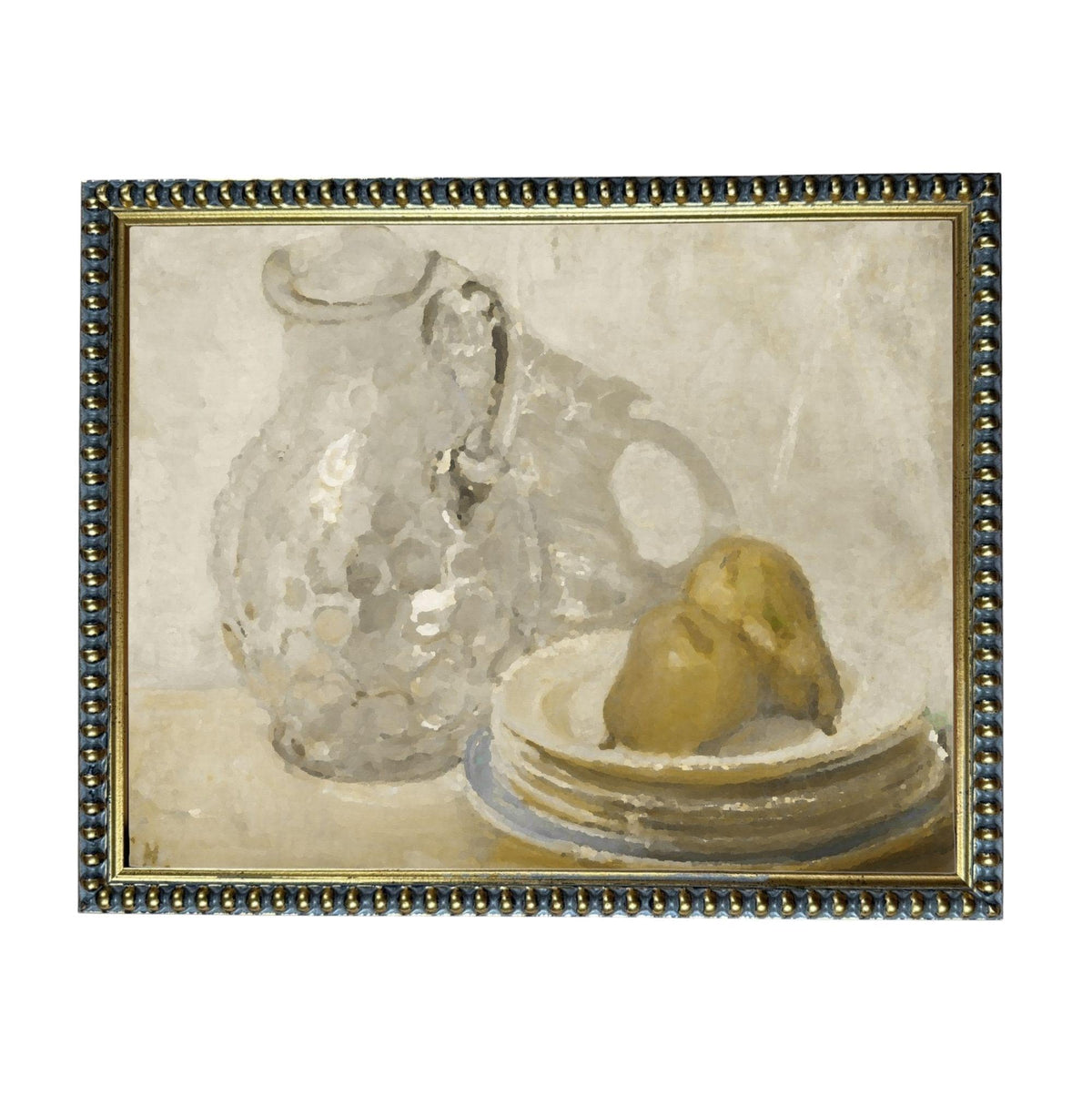 a glass pitcher and a plate with fruit on a table.