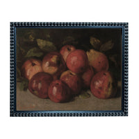 The image is a painting of a group of apples and pears arranged together, with a dark background.