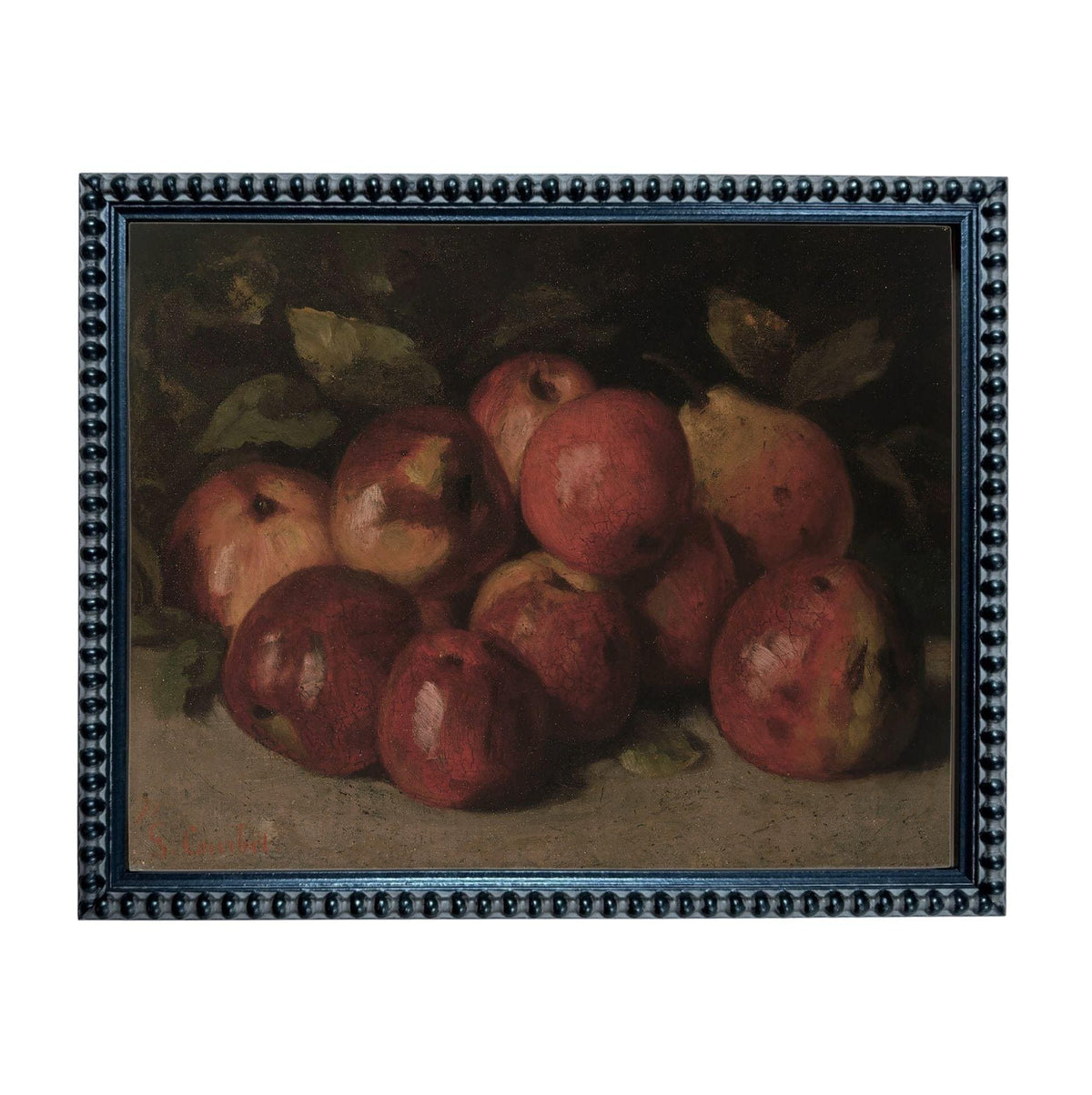 The image is a painting of a group of apples and pears arranged together, with a dark background.