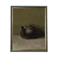 A black and white oil painting of a kettle resting on a surface.