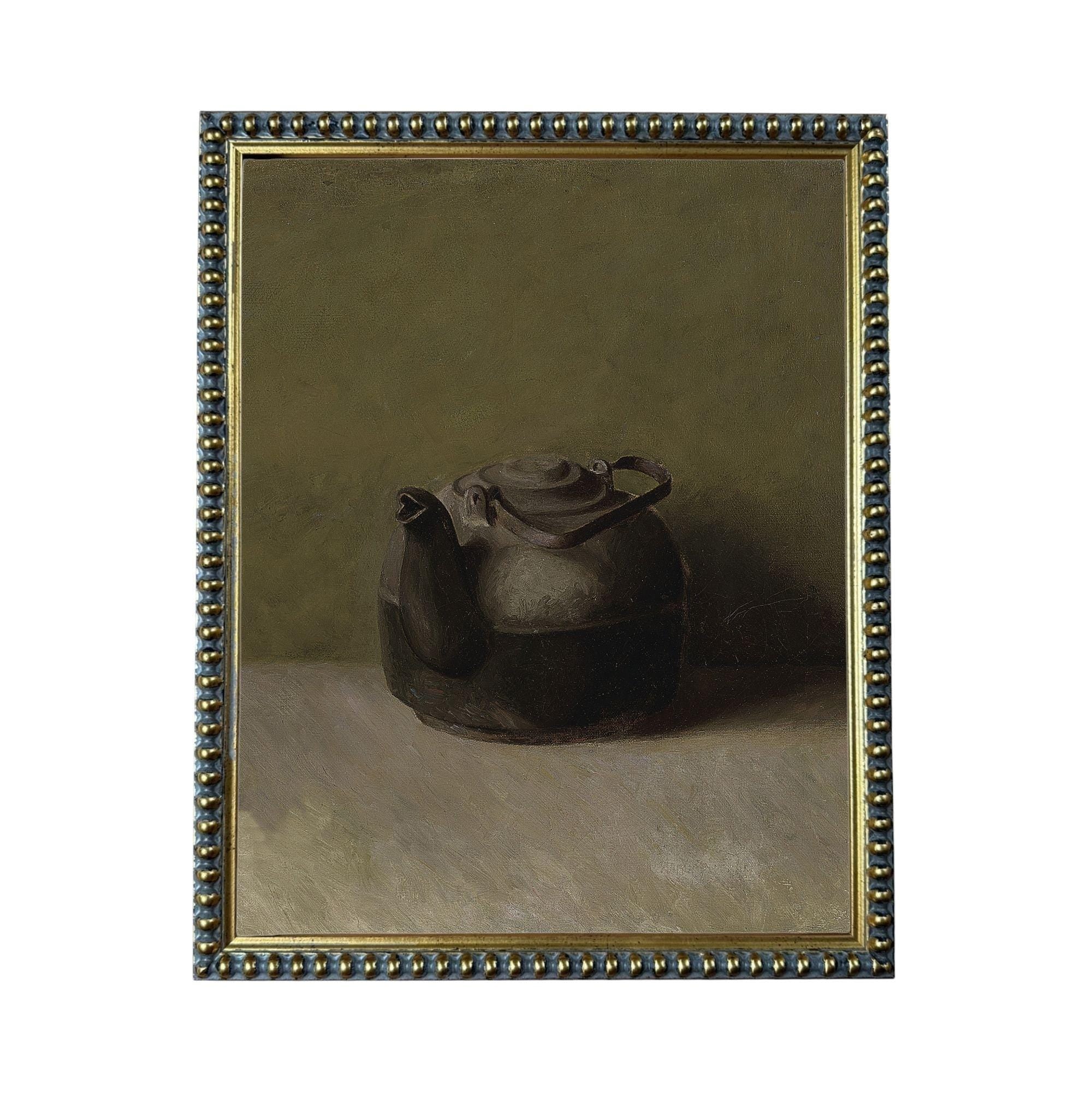 A black and white oil painting of a kettle resting on a surface.