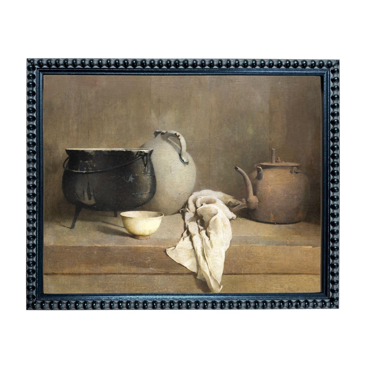 The image is a still life painting featuring a variety of kitchen utensils and items, including a teapot, a pot, a bowl, and a cloth.