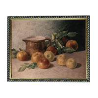 The image is a still life painting featuring a pitcher, apples, and leaves on a table.