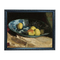 A still life painting of a bowl filled with various fruits, including pears and lemons, placed on a table.