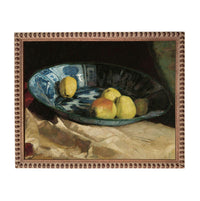 A still life painting of a blue and white patterned bowl filled with various fruits, including pears and lemons, placed on a table.