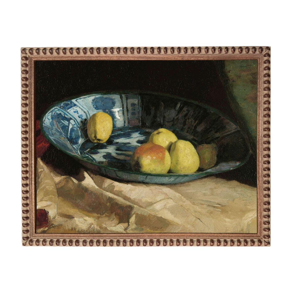 A still life painting of a blue and white patterned bowl filled with various fruits, including pears and lemons, placed on a table.