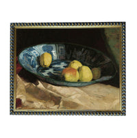 A still life painting of a blue and white bowl filled with various fruits, including pears and lemons, placed on a table.