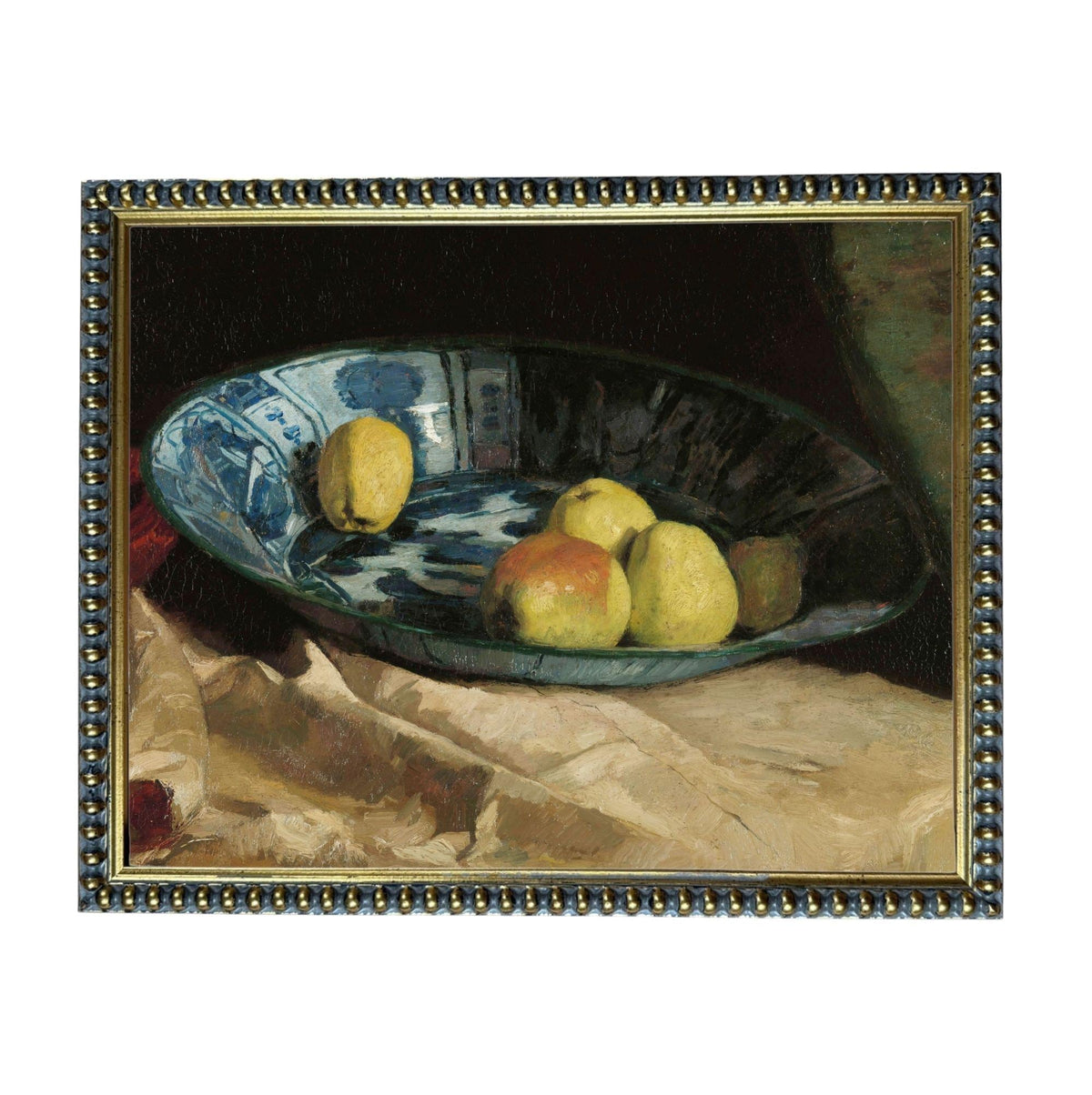 A still life painting of a blue and white bowl filled with various fruits, including pears and lemons, placed on a table.