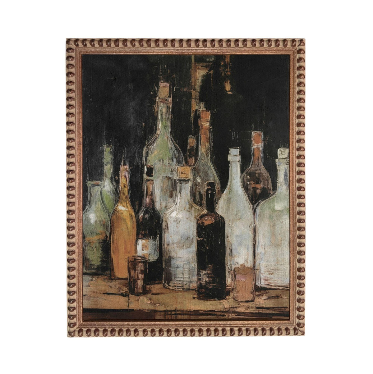 The image is a painting of various bottles of different shapes, sizes, and colors arranged on a wooden surface.