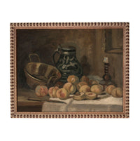 The image is an oil painting depicting a still life arrangement of various fruits and a vase on a table.