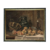 The image is a painting of a still life scene with various fruits and a vase.