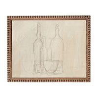 The image is a framed still life drawing featuring three bottles and a bowl.