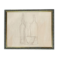 The image is a framed drawing of three bottles and a bowl, depicting a still life arrangement.