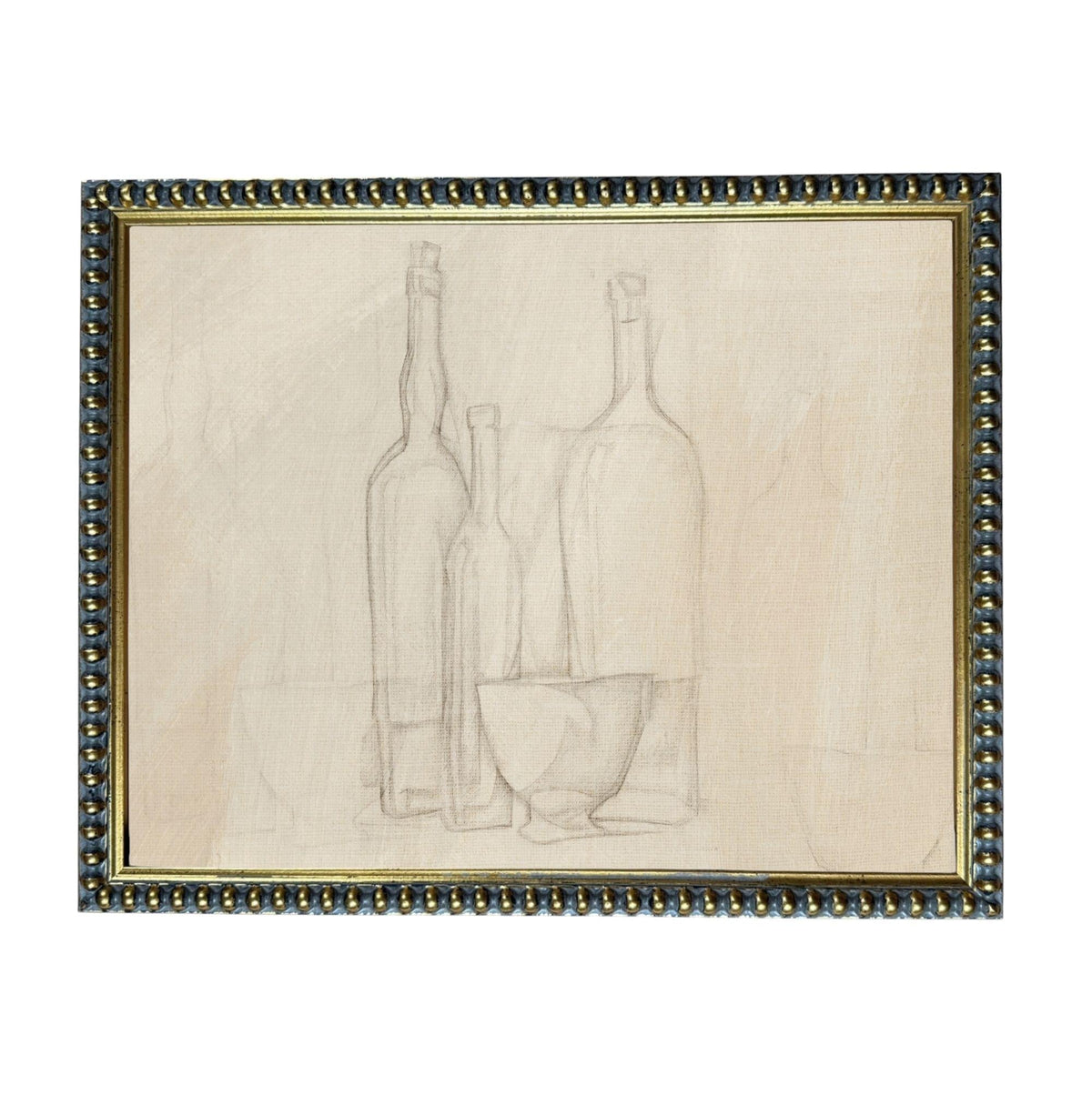The image is a framed drawing of three bottles and a bowl, depicting a still life arrangement.
