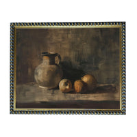 The image is a painting of a vase and three apples placed on a surface, with a dark background.