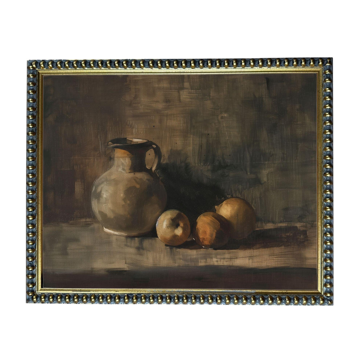 The image is a painting of a vase and three apples placed on a surface, with a dark background.