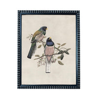 A framed illustration of two colorful birds perched on a branch with leaves and flowers.