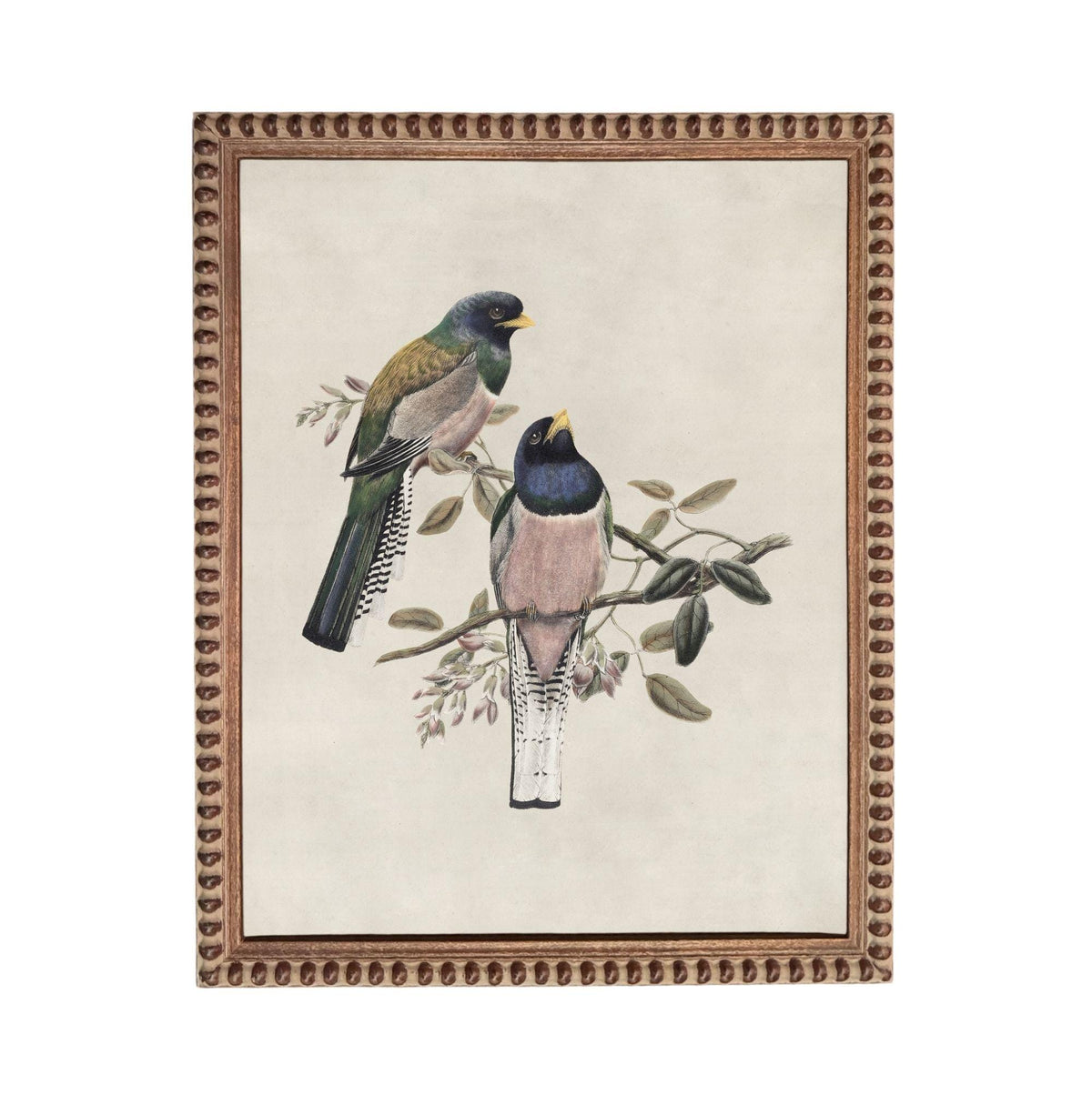 A framed painting depicting two colorful birds perched on a branch with leaves and flowers.