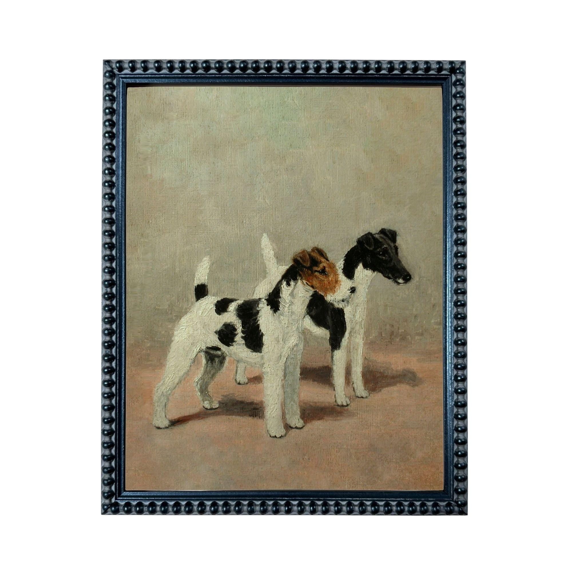 two dogs standing side by side, with a neutral color palette and a simple composition.