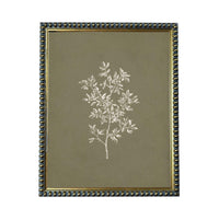 a framed print of a tree with white leaves against a dark green background.
