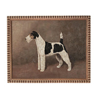 A painting of a black and white dog standing in a brown background.