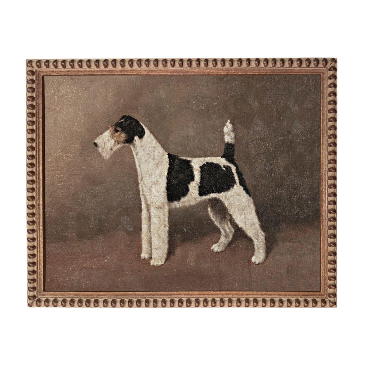 A painting of a black and white dog standing in a brown background.
