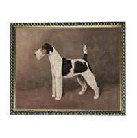 A painting of a black and white dog standing on a brown surface.