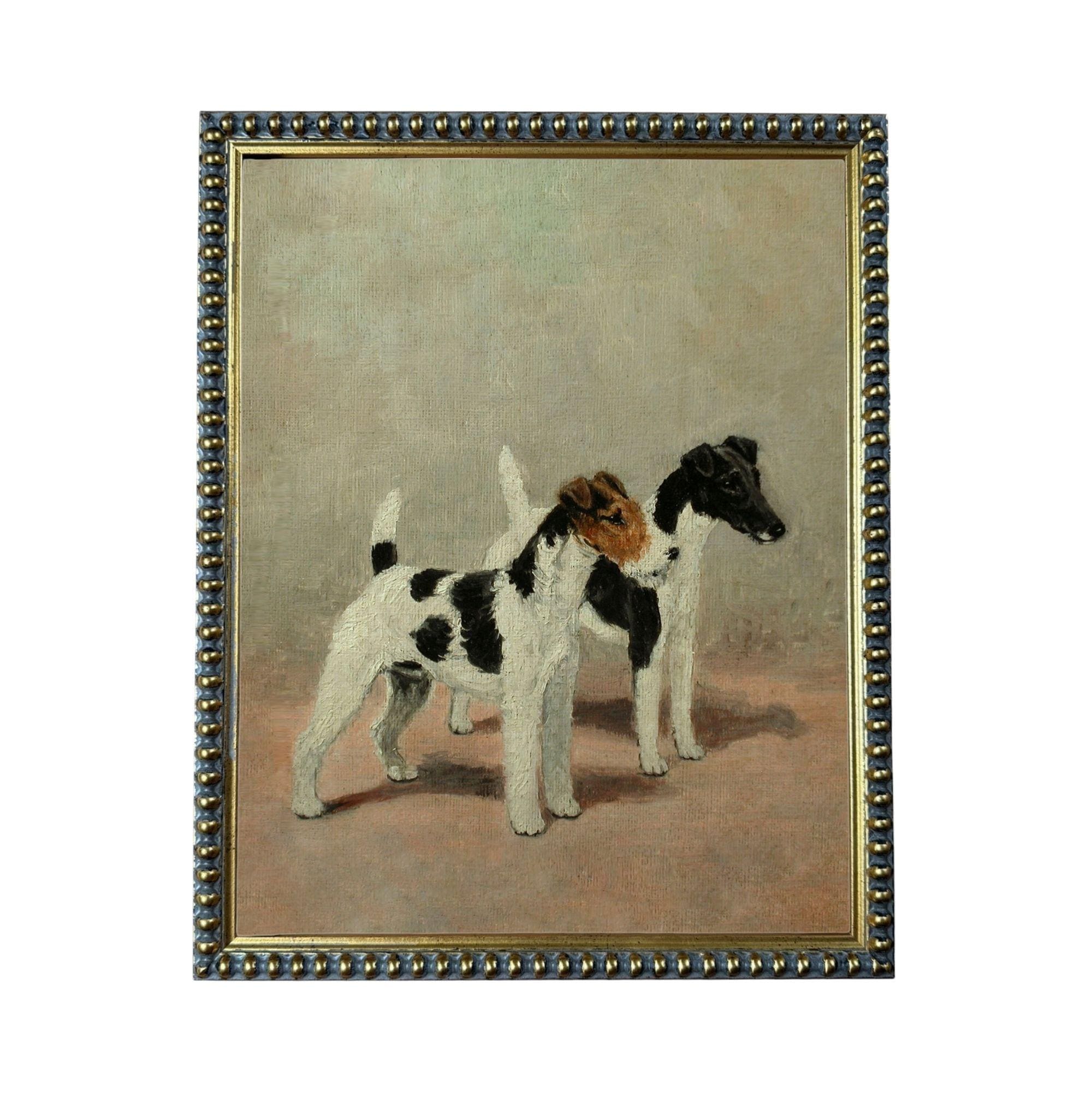 two dogs standing next to each other, with a neutral color palette and a simple composition.