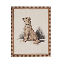 A framed illustration of a dog sitting on a surface.
