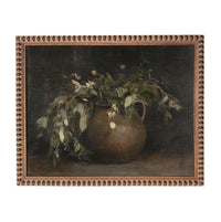 The image is a painting of a vase filled with flowers and leaves, set against a dark background.