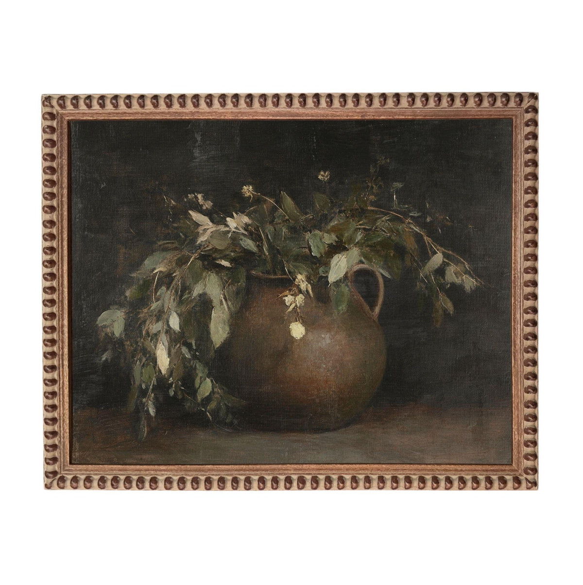 The image is a painting of a vase filled with flowers and leaves, set against a dark background.
