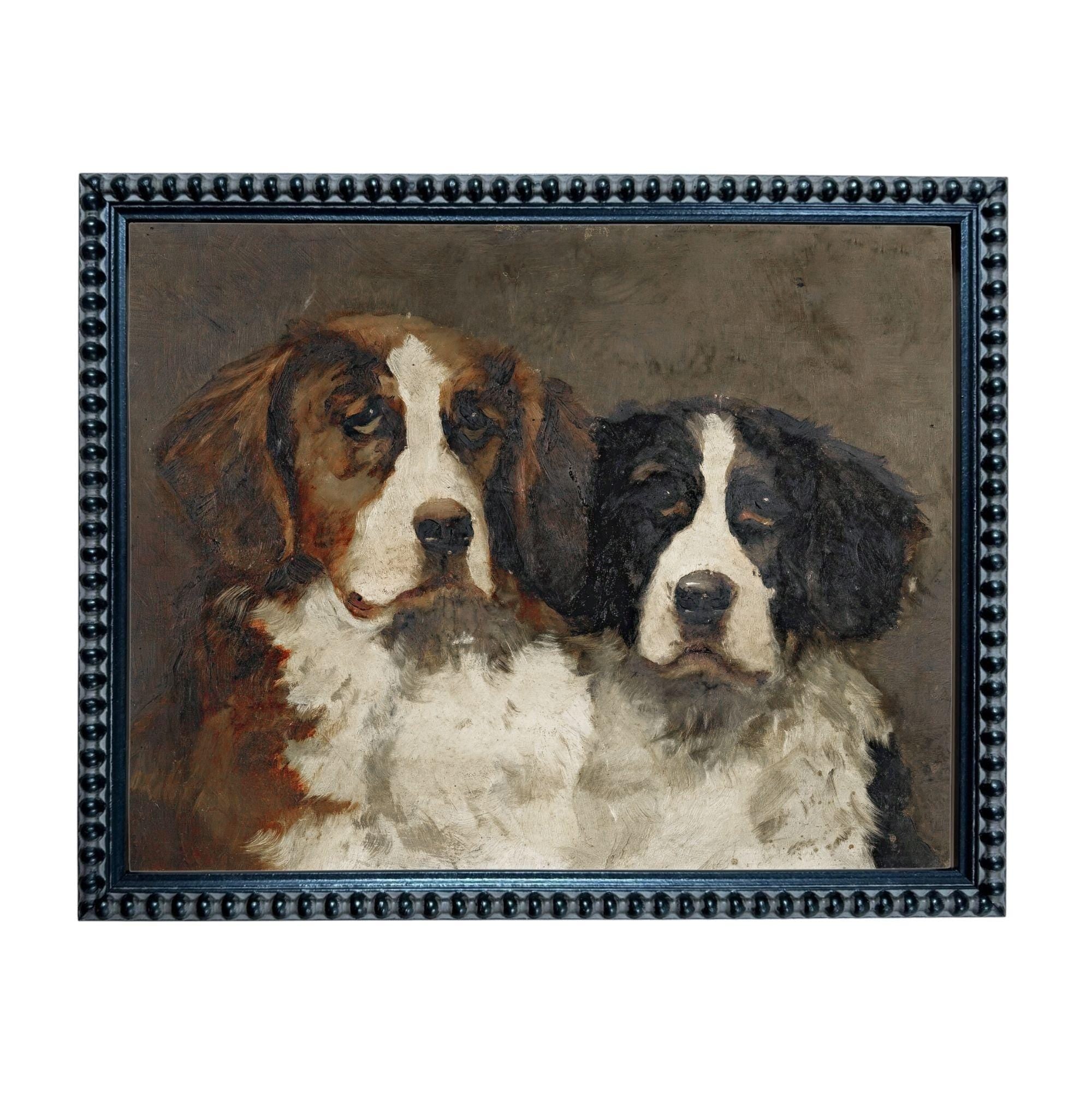 The image is a framed painting depicting two dogs, likely a spaniel breed, with a brown and white color scheme.