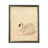 A framed painting of a swan, with a light beige background and a dark border.