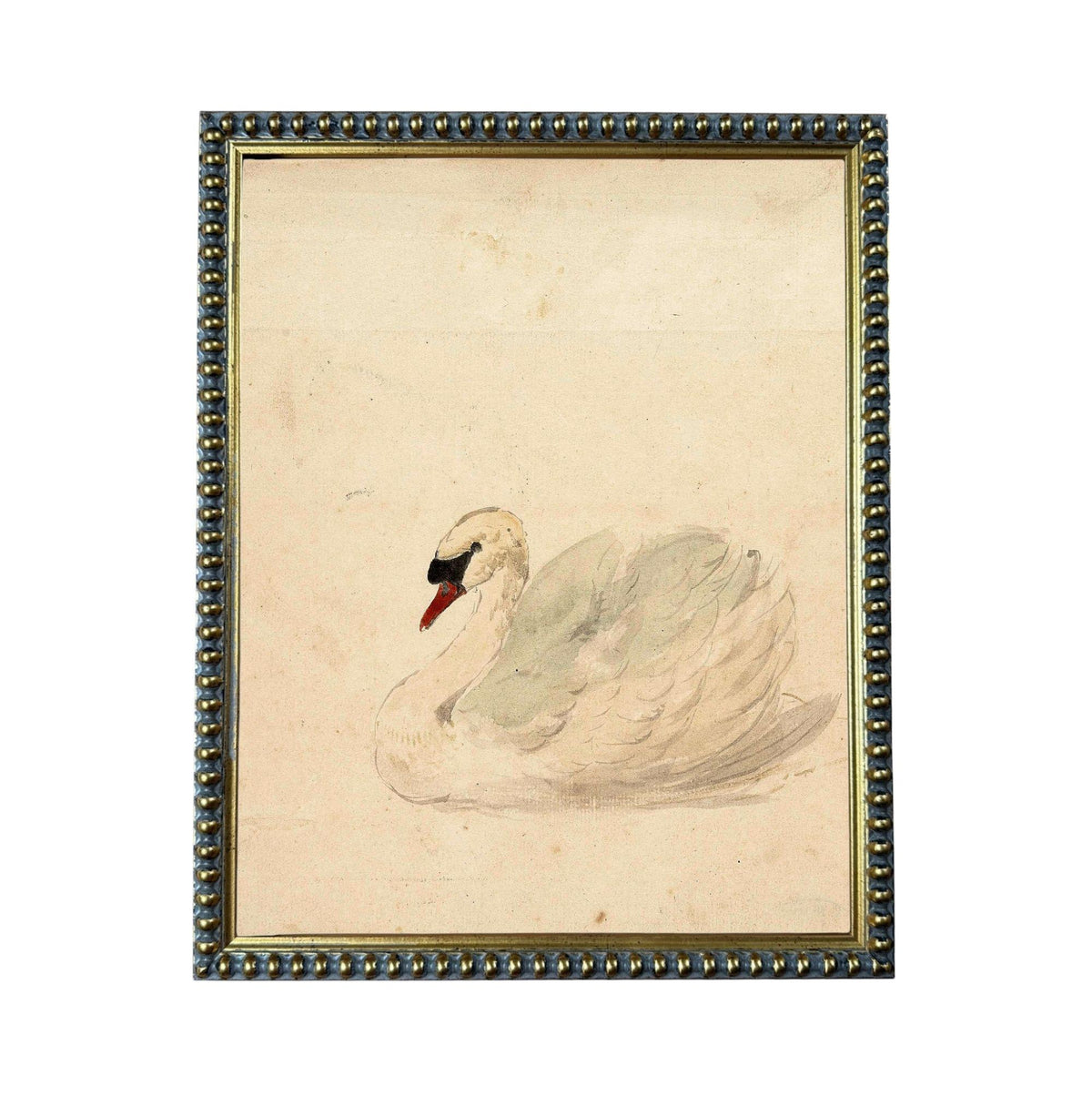 A framed painting of a swan, with a light beige background and a dark border.