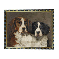 The image is a painting of two dogs, one brown and one black and white, sitting together in a frame.