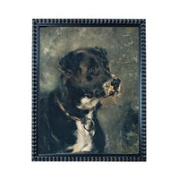 The image is a painting of a black dog with a collar, set against a dark background.