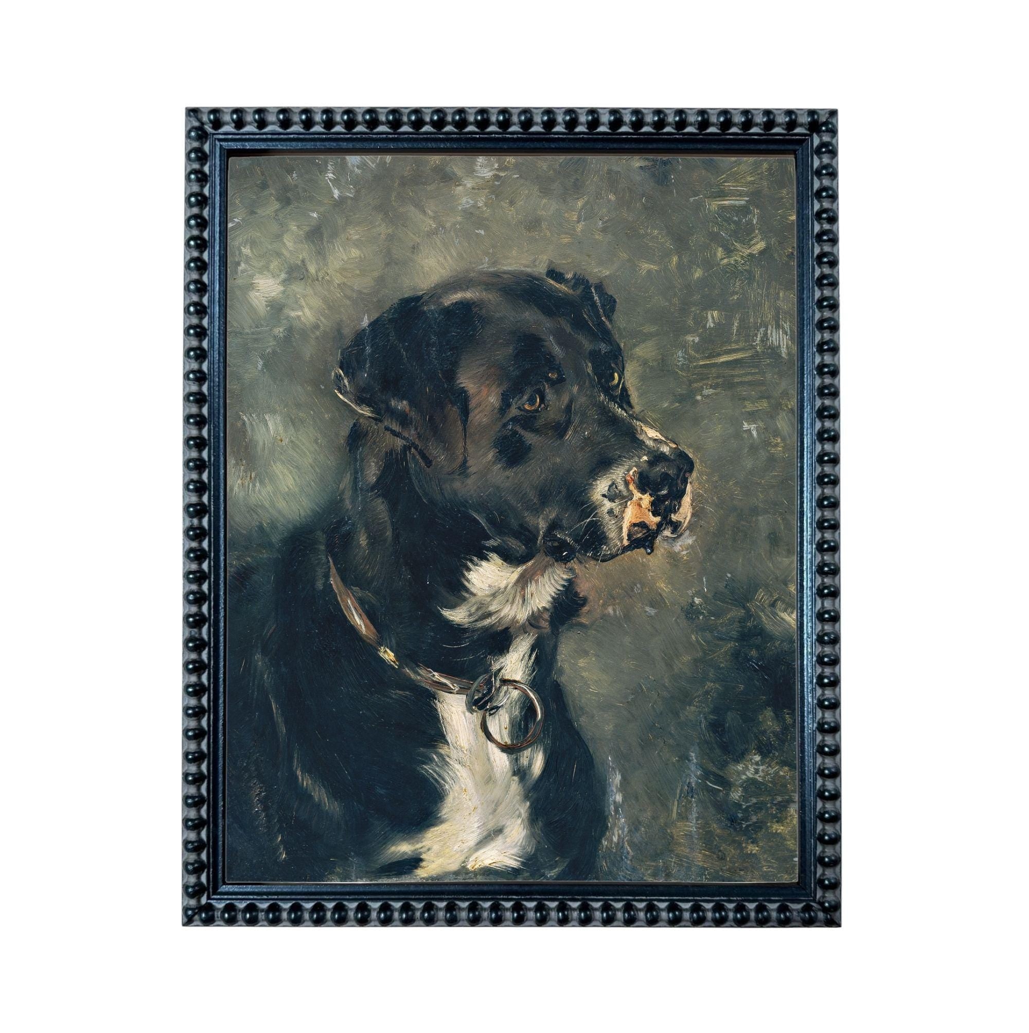 The image is a painting of a black dog with a collar, set against a dark background.