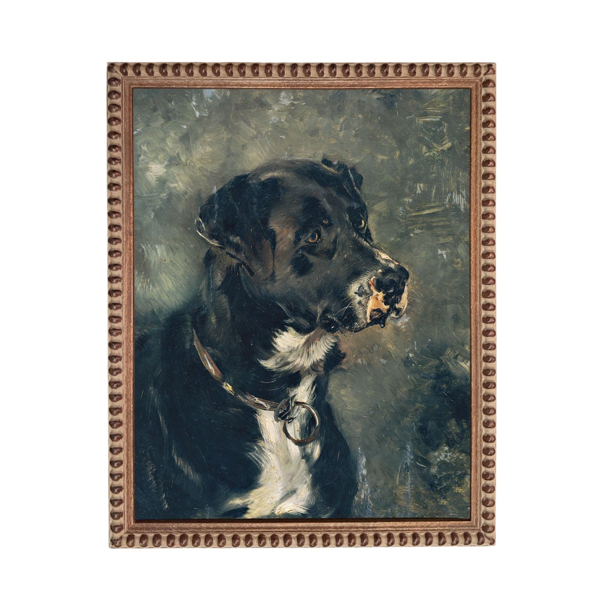The image is a painting of a black dog with a collar, set against a blurred background.