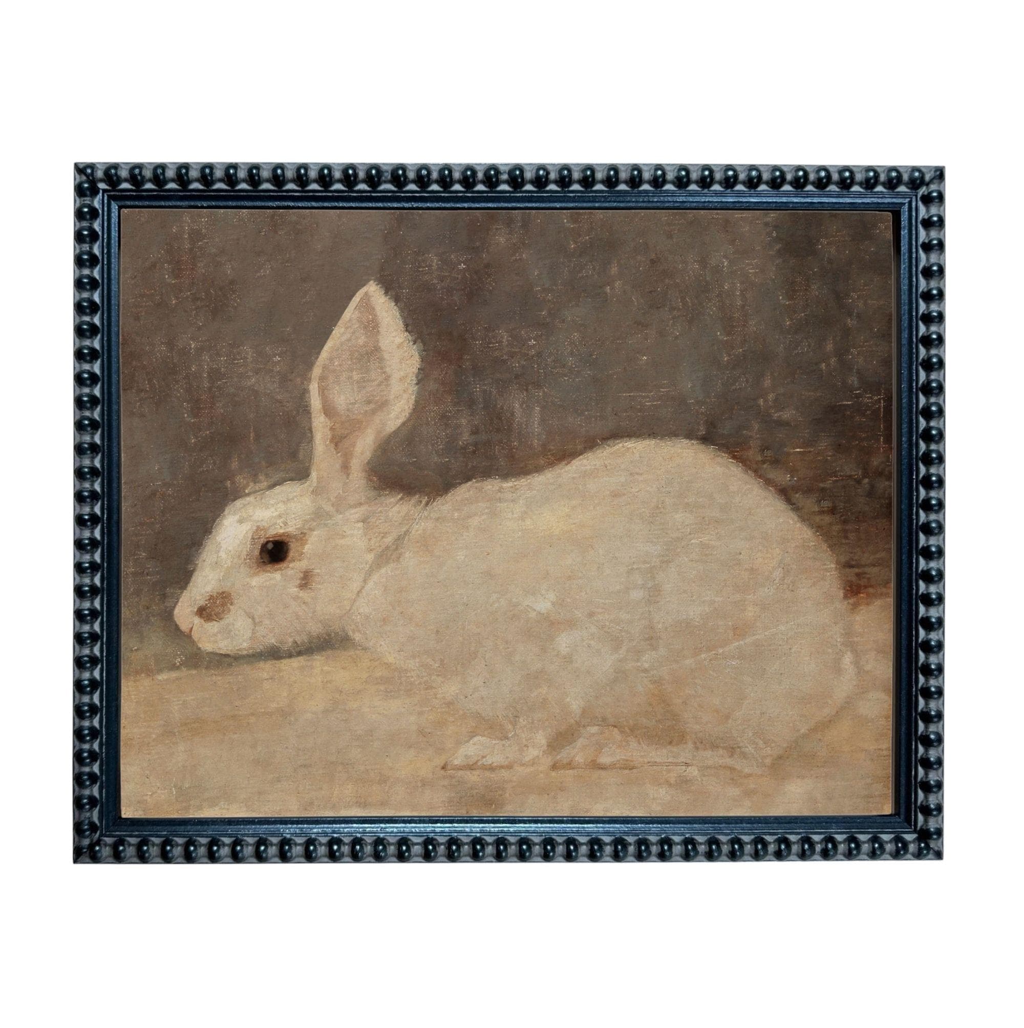 A painting of a white rabbit sitting on a surface.