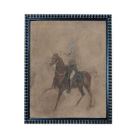 a man riding a horse, with the horse in the foreground and the rider in the background.