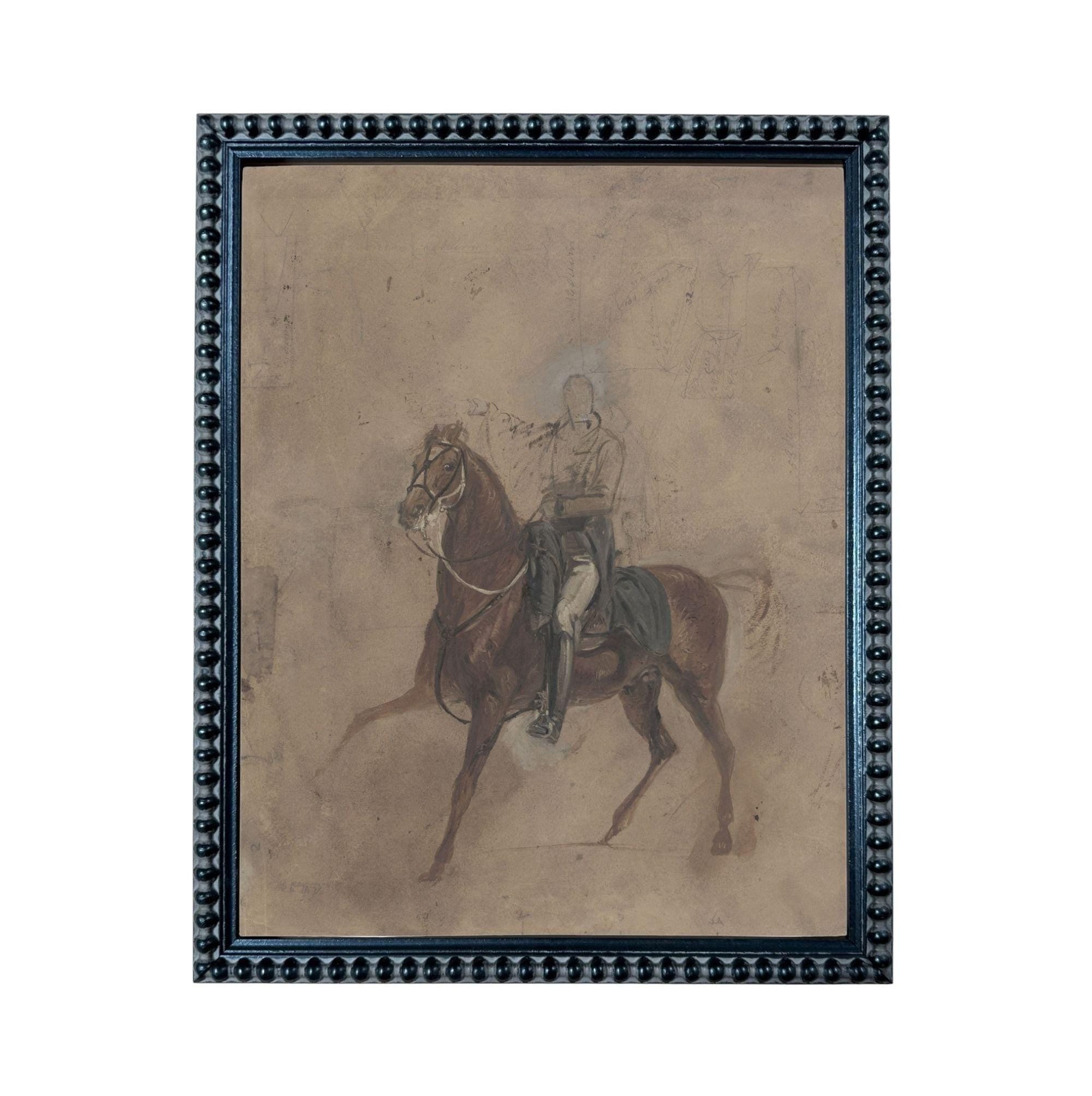 a man riding a horse, with the horse in the foreground and the rider in the background.