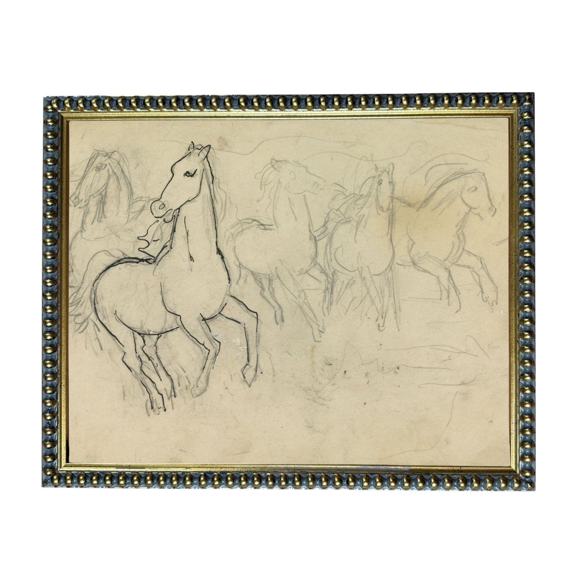 The image is a framed drawing of a group of horses, including a prominent horse in the foreground.