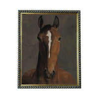 A painting of a horse with a white stripe on its forehead, set within an ornate gold frame.