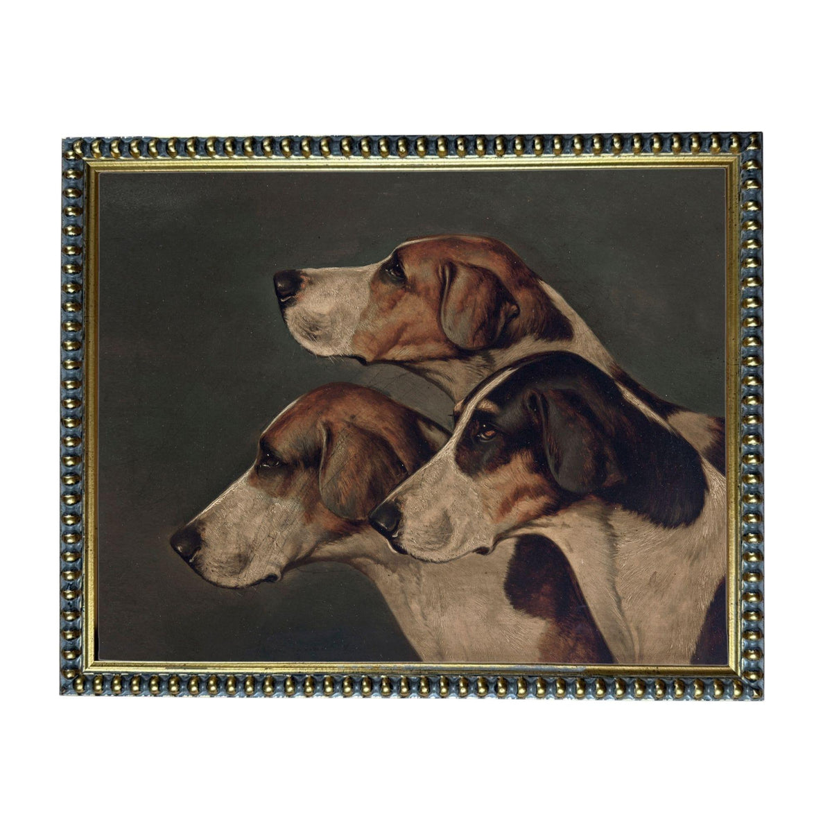 A framed painting depicting three beagle dogs in profile, with a dark background.