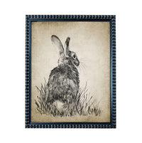 A black and white illustration of a rabbit or hare standing in tall grass.