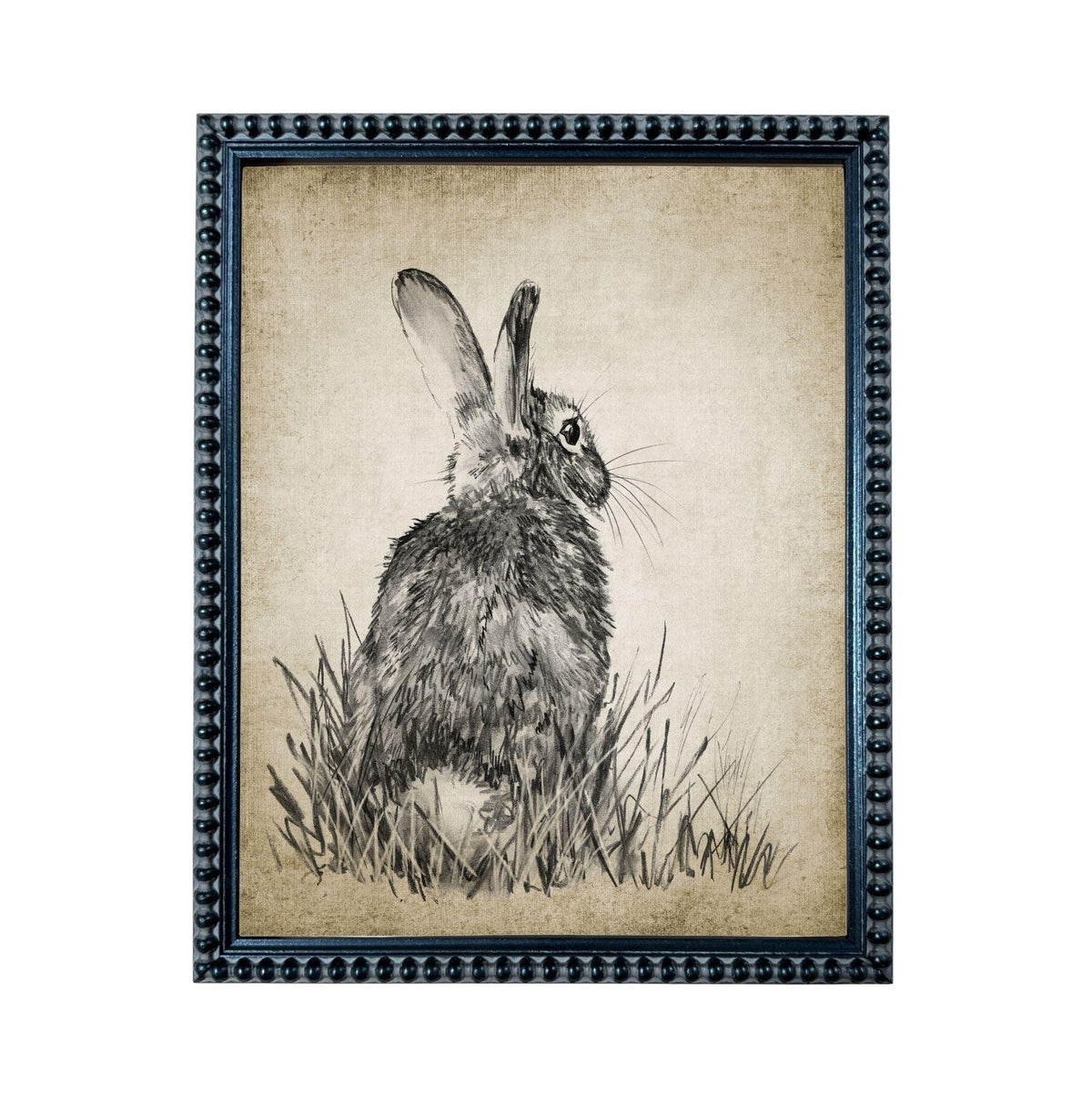 A black and white illustration of a rabbit or hare standing in tall grass.