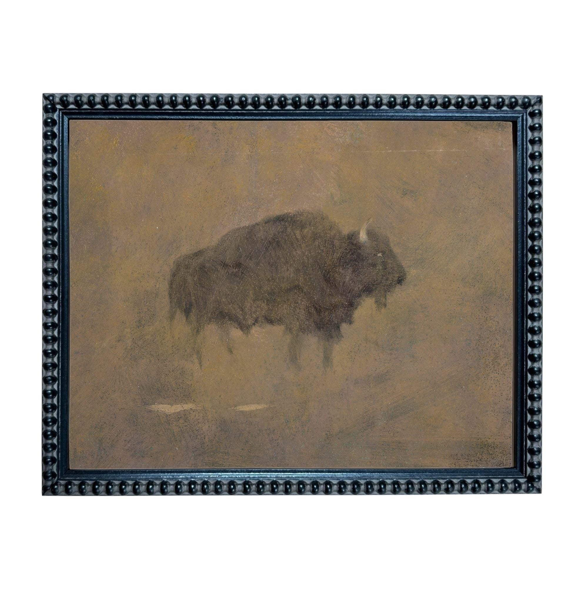 a large, dark-colored animal, possibly a bison or a buffalo, standing in a field or natural setting.