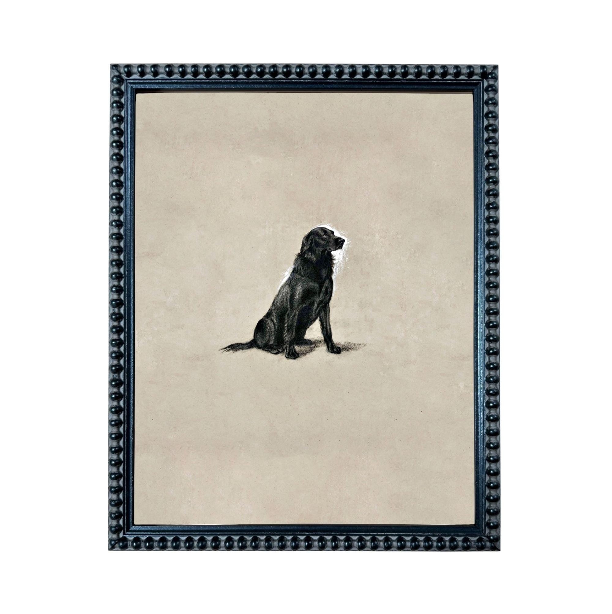 A black dog sitting on a beige background, framed in a black frame with a decorative border.